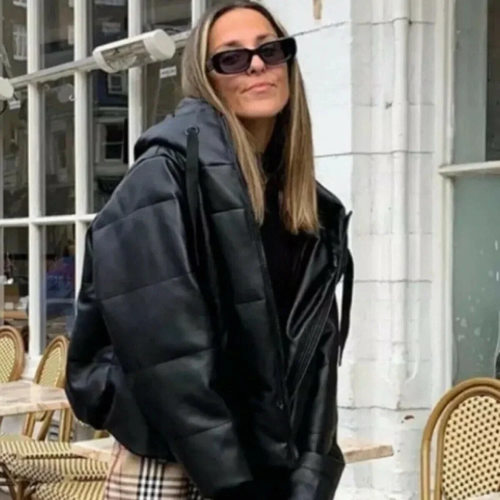 ZARA Black Faux Leather Puffer Jacket sz Medium